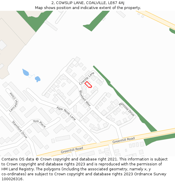 2, COWSLIP LANE, COALVILLE, LE67 4AJ: Location map and indicative extent of plot
