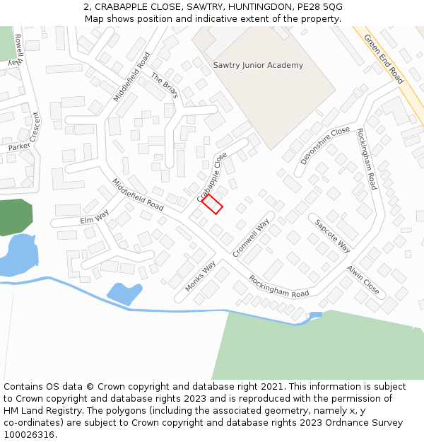 2, CRABAPPLE CLOSE, SAWTRY, HUNTINGDON, PE28 5QG: Location map and indicative extent of plot