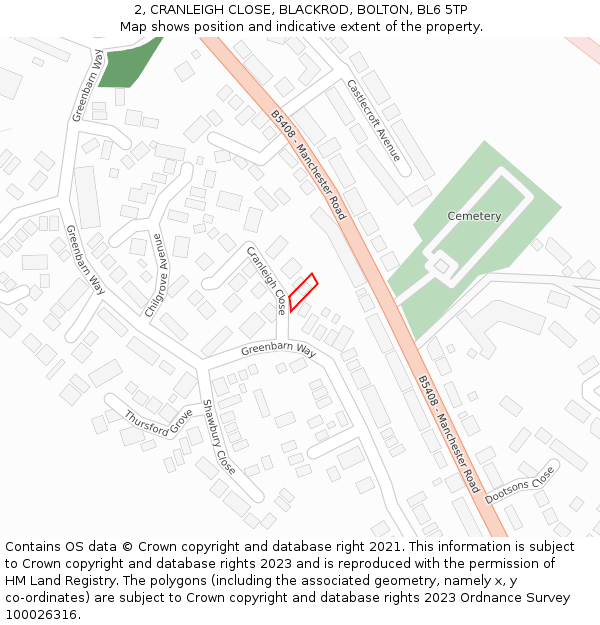 2, CRANLEIGH CLOSE, BLACKROD, BOLTON, BL6 5TP: Location map and indicative extent of plot