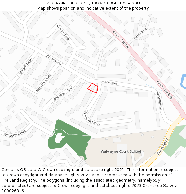2, CRANMORE CLOSE, TROWBRIDGE, BA14 9BU: Location map and indicative extent of plot