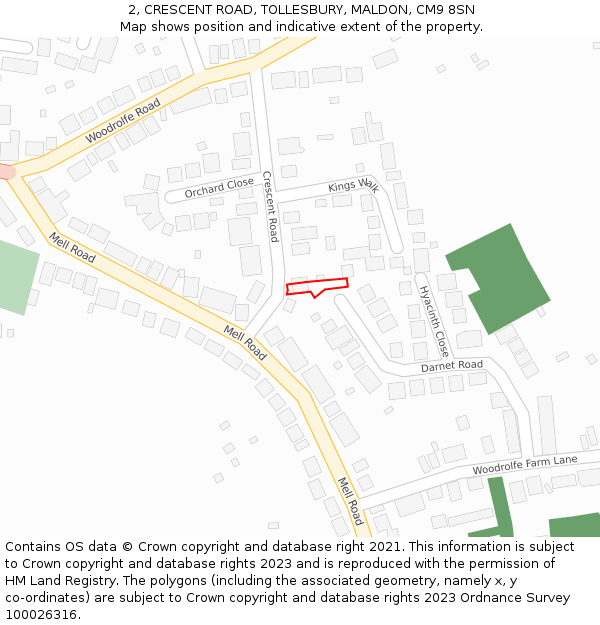 2, CRESCENT ROAD, TOLLESBURY, MALDON, CM9 8SN: Location map and indicative extent of plot