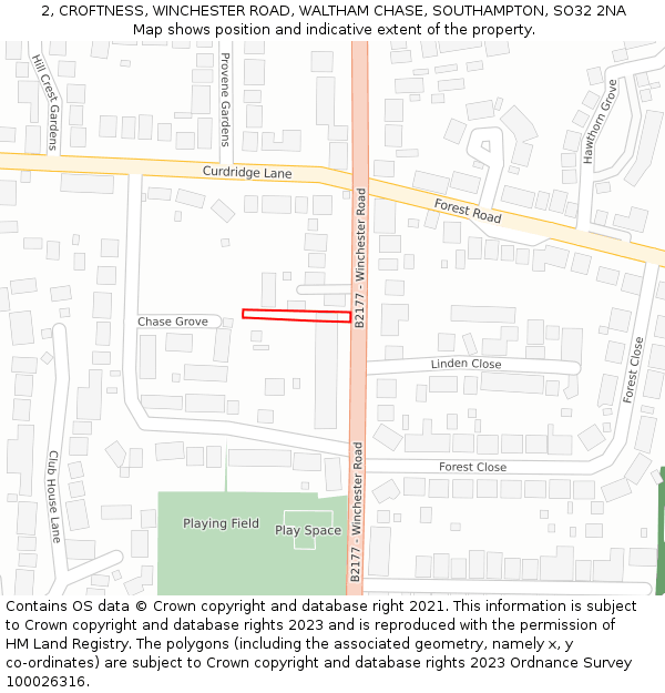 2, CROFTNESS, WINCHESTER ROAD, WALTHAM CHASE, SOUTHAMPTON, SO32 2NA: Location map and indicative extent of plot