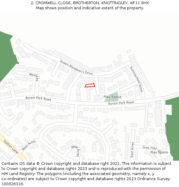 2, CROMWELL CLOSE, BROTHERTON, KNOTTINGLEY, WF11 9HX: Location map and indicative extent of plot