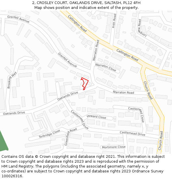 2, CROSLEY COURT, OAKLANDS DRIVE, SALTASH, PL12 4FH: Location map and indicative extent of plot