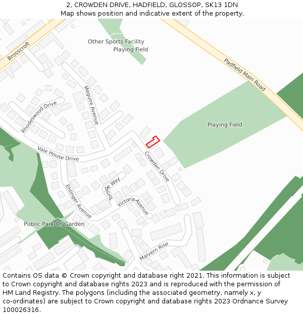 2, CROWDEN DRIVE, HADFIELD, GLOSSOP, SK13 1DN: Location map and indicative extent of plot