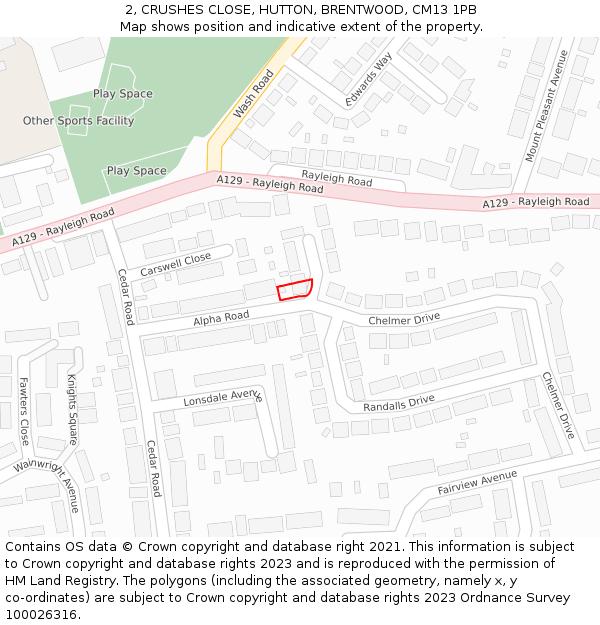 2, CRUSHES CLOSE, HUTTON, BRENTWOOD, CM13 1PB: Location map and indicative extent of plot