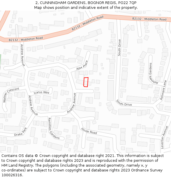 2, CUNNINGHAM GARDENS, BOGNOR REGIS, PO22 7QP: Location map and indicative extent of plot