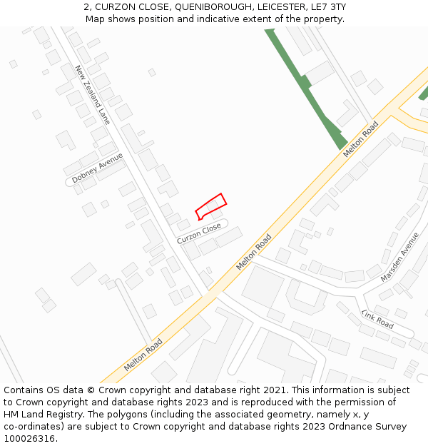 2, CURZON CLOSE, QUENIBOROUGH, LEICESTER, LE7 3TY: Location map and indicative extent of plot