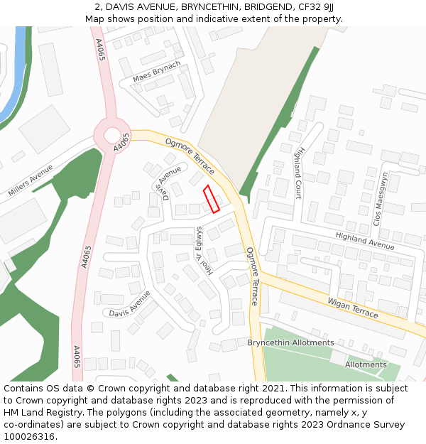 2, DAVIS AVENUE, BRYNCETHIN, BRIDGEND, CF32 9JJ: Location map and indicative extent of plot