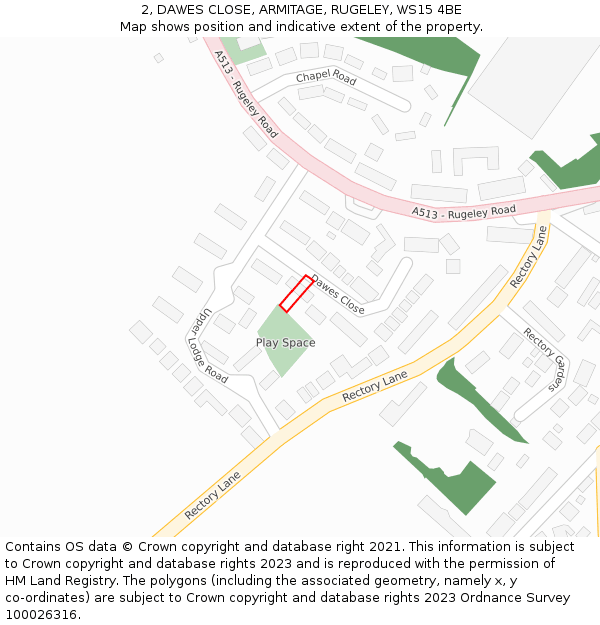 2, DAWES CLOSE, ARMITAGE, RUGELEY, WS15 4BE: Location map and indicative extent of plot