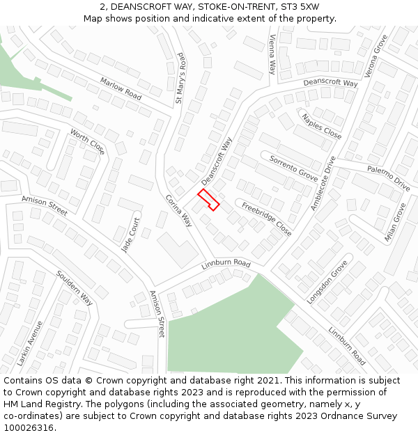 2, DEANSCROFT WAY, STOKE-ON-TRENT, ST3 5XW: Location map and indicative extent of plot