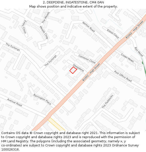 2, DEEPDENE, INGATESTONE, CM4 0AN: Location map and indicative extent of plot