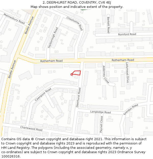 2, DEERHURST ROAD, COVENTRY, CV6 4EJ: Location map and indicative extent of plot