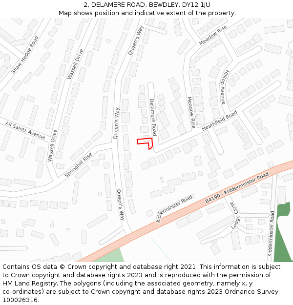 2, DELAMERE ROAD, BEWDLEY, DY12 1JU: Location map and indicative extent of plot