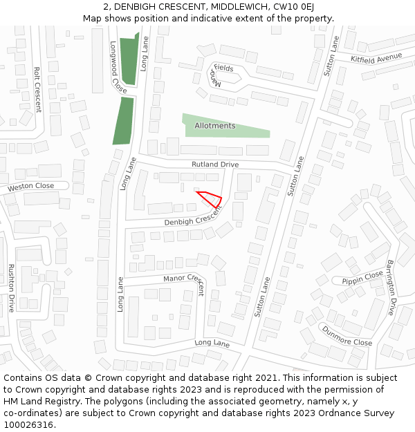 2, DENBIGH CRESCENT, MIDDLEWICH, CW10 0EJ: Location map and indicative extent of plot