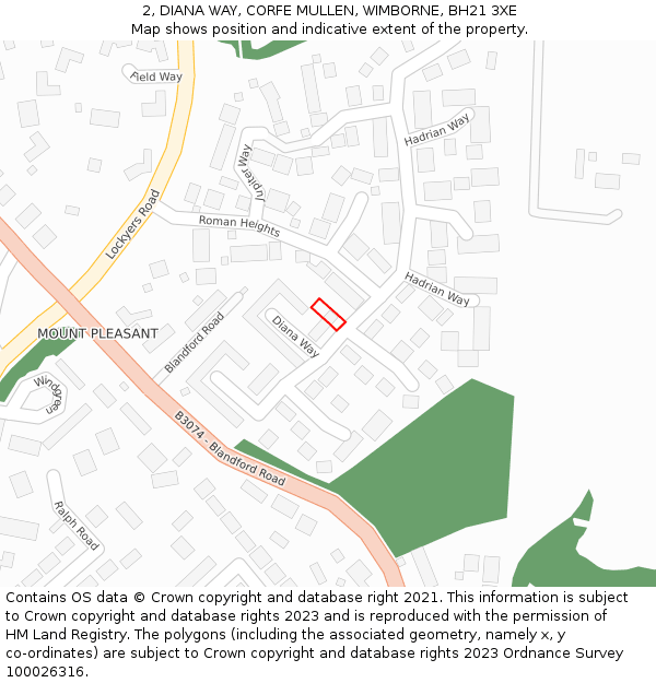 2, DIANA WAY, CORFE MULLEN, WIMBORNE, BH21 3XE: Location map and indicative extent of plot