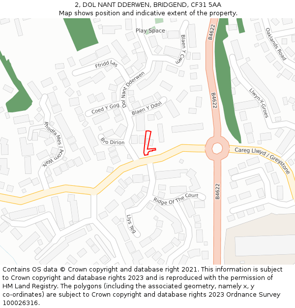 2, DOL NANT DDERWEN, BRIDGEND, CF31 5AA: Location map and indicative extent of plot