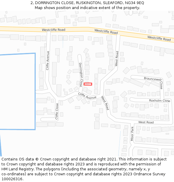 2, DORRINGTON CLOSE, RUSKINGTON, SLEAFORD, NG34 9EQ: Location map and indicative extent of plot