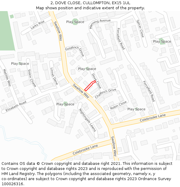 2, DOVE CLOSE, CULLOMPTON, EX15 1UL: Location map and indicative extent of plot