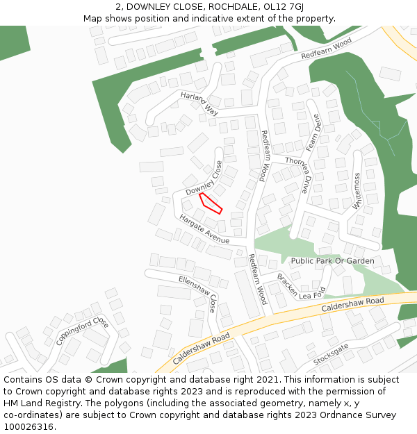 2, DOWNLEY CLOSE, ROCHDALE, OL12 7GJ: Location map and indicative extent of plot