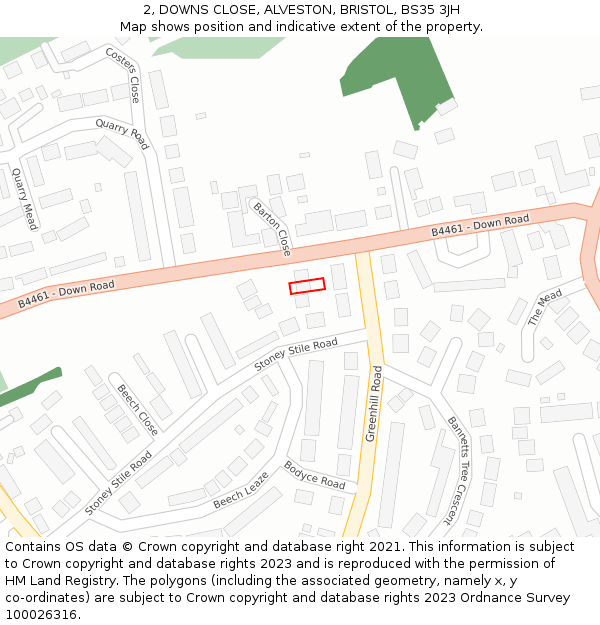 2, DOWNS CLOSE, ALVESTON, BRISTOL, BS35 3JH: Location map and indicative extent of plot