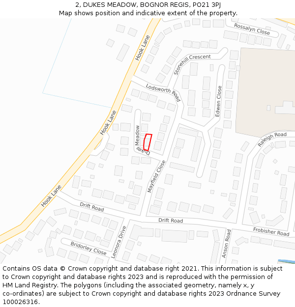 2, DUKES MEADOW, BOGNOR REGIS, PO21 3PJ: Location map and indicative extent of plot