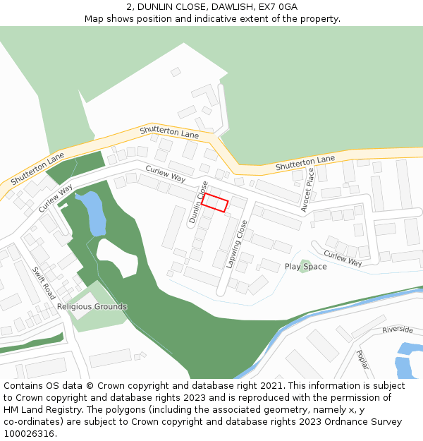 2, DUNLIN CLOSE, DAWLISH, EX7 0GA: Location map and indicative extent of plot