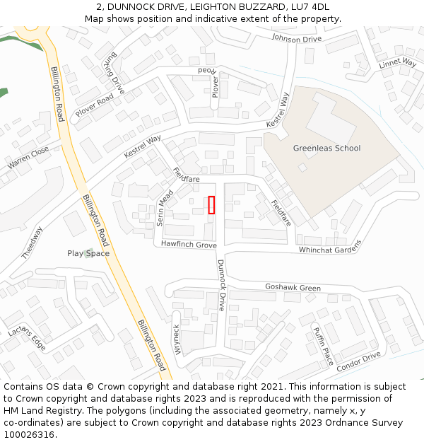 2, DUNNOCK DRIVE, LEIGHTON BUZZARD, LU7 4DL: Location map and indicative extent of plot