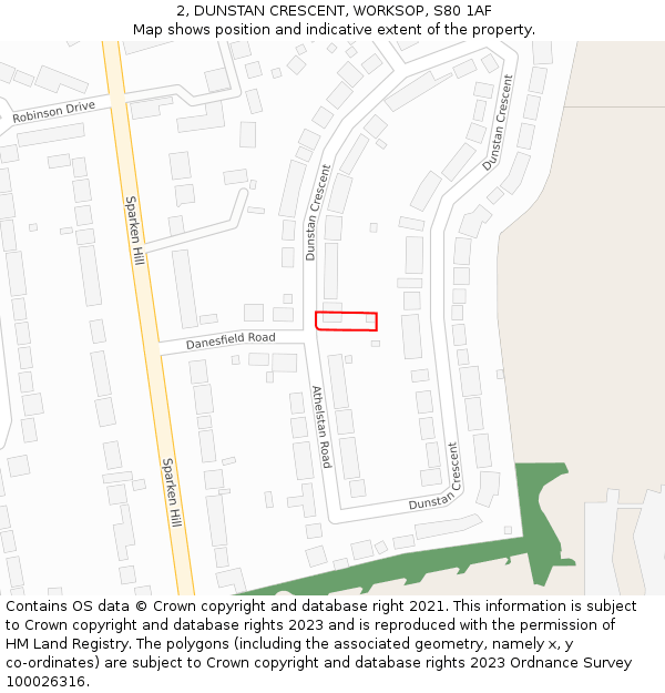 2, DUNSTAN CRESCENT, WORKSOP, S80 1AF: Location map and indicative extent of plot