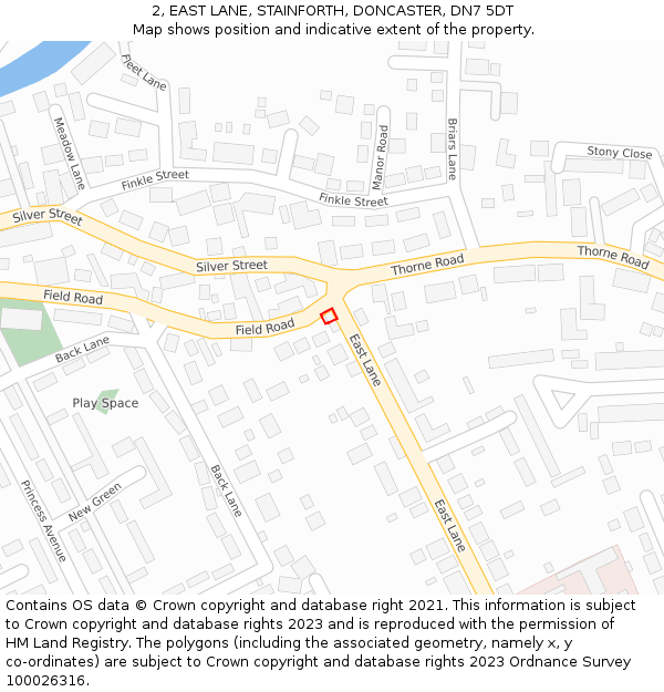 2, EAST LANE, STAINFORTH, DONCASTER, DN7 5DT: Location map and indicative extent of plot