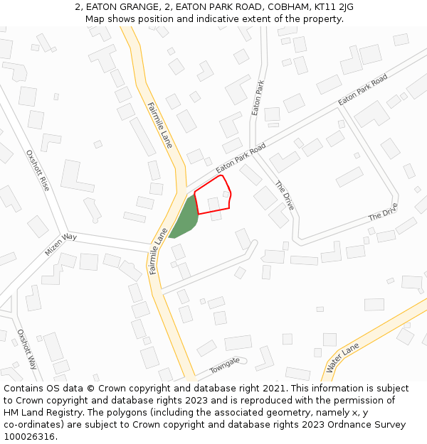 2, EATON GRANGE, 2, EATON PARK ROAD, COBHAM, KT11 2JG: Location map and indicative extent of plot