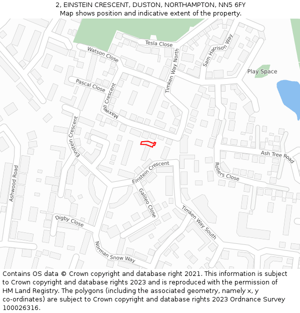 2, EINSTEIN CRESCENT, DUSTON, NORTHAMPTON, NN5 6FY: Location map and indicative extent of plot