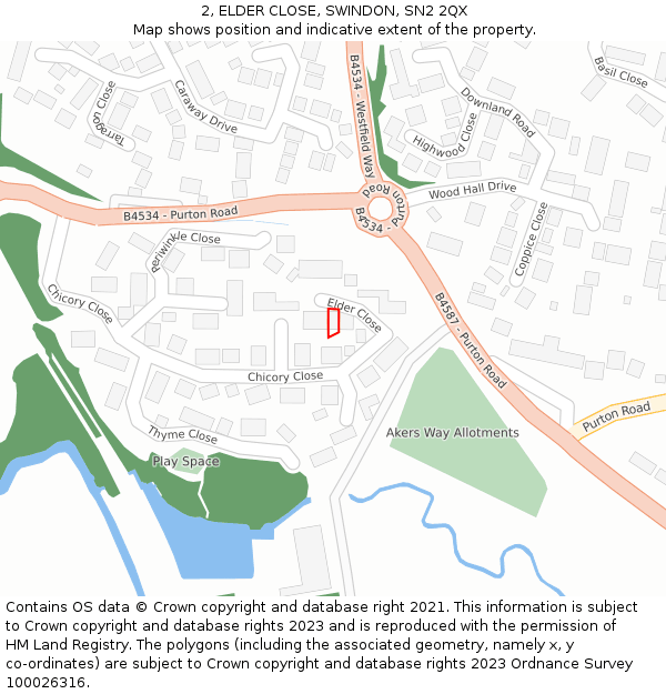 2, ELDER CLOSE, SWINDON, SN2 2QX: Location map and indicative extent of plot