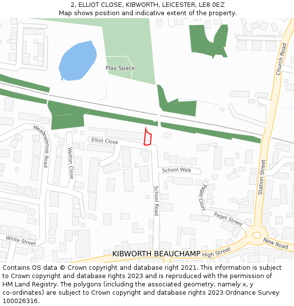 2, ELLIOT CLOSE, KIBWORTH, LEICESTER, LE8 0EZ: Location map and indicative extent of plot