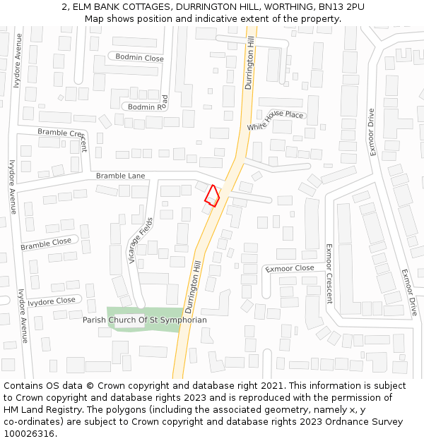 2, ELM BANK COTTAGES, DURRINGTON HILL, WORTHING, BN13 2PU: Location map and indicative extent of plot