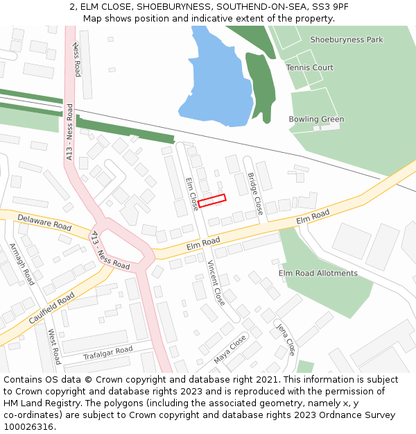 2, ELM CLOSE, SHOEBURYNESS, SOUTHEND-ON-SEA, SS3 9PF: Location map and indicative extent of plot