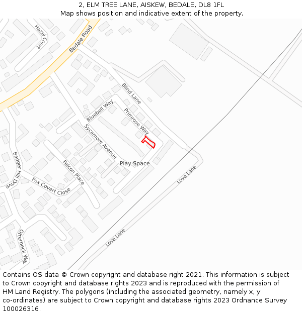 2, ELM TREE LANE, AISKEW, BEDALE, DL8 1FL: Location map and indicative extent of plot