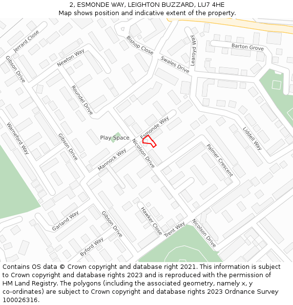 2, ESMONDE WAY, LEIGHTON BUZZARD, LU7 4HE: Location map and indicative extent of plot