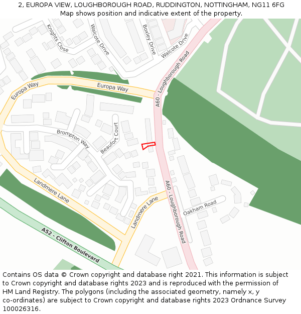 2, EUROPA VIEW, LOUGHBOROUGH ROAD, RUDDINGTON, NOTTINGHAM, NG11 6FG: Location map and indicative extent of plot