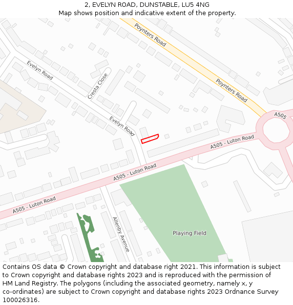 2, EVELYN ROAD, DUNSTABLE, LU5 4NG: Location map and indicative extent of plot