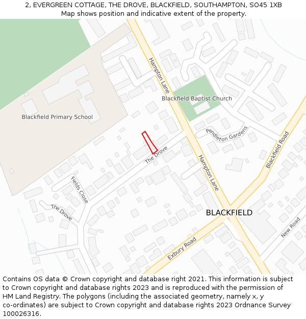 2, EVERGREEN COTTAGE, THE DROVE, BLACKFIELD, SOUTHAMPTON, SO45 1XB: Location map and indicative extent of plot