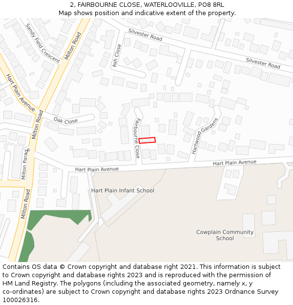 2, FAIRBOURNE CLOSE, WATERLOOVILLE, PO8 8RL: Location map and indicative extent of plot