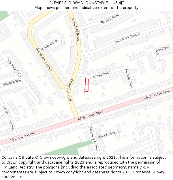 2, FAIRFIELD ROAD, DUNSTABLE, LU5 4JT: Location map and indicative extent of plot