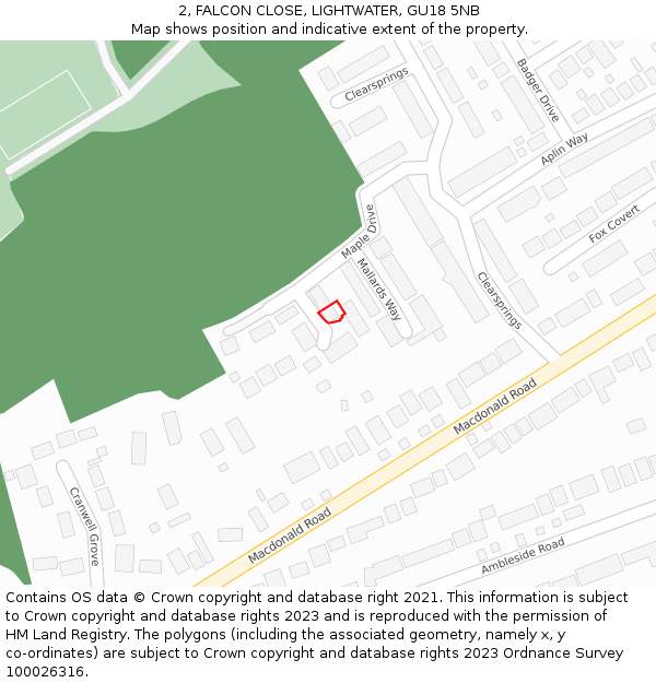 2, FALCON CLOSE, LIGHTWATER, GU18 5NB: Location map and indicative extent of plot