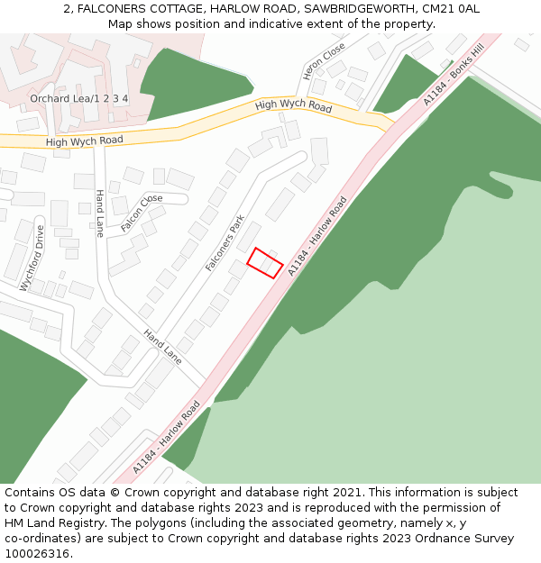 2, FALCONERS COTTAGE, HARLOW ROAD, SAWBRIDGEWORTH, CM21 0AL: Location map and indicative extent of plot