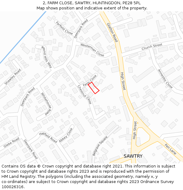 2, FARM CLOSE, SAWTRY, HUNTINGDON, PE28 5PL: Location map and indicative extent of plot