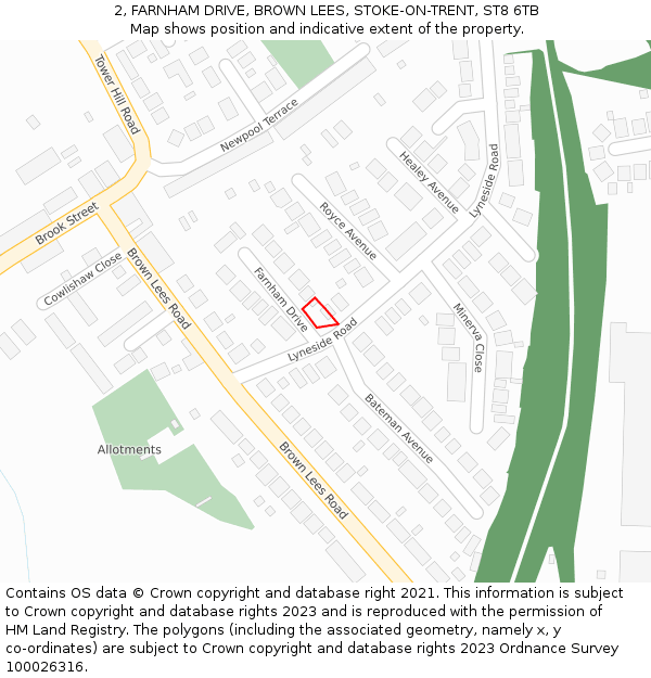 2, FARNHAM DRIVE, BROWN LEES, STOKE-ON-TRENT, ST8 6TB: Location map and indicative extent of plot