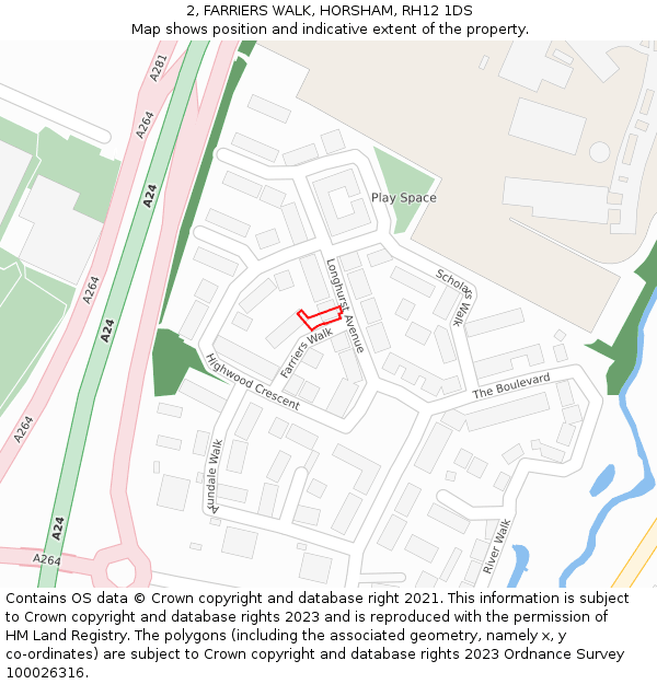 2, FARRIERS WALK, HORSHAM, RH12 1DS: Location map and indicative extent of plot