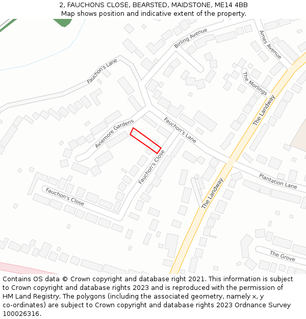 2, FAUCHONS CLOSE, BEARSTED, MAIDSTONE, ME14 4BB: Location map and indicative extent of plot