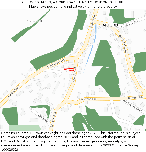 2, FERN COTTAGES, ARFORD ROAD, HEADLEY, BORDON, GU35 8BT: Location map and indicative extent of plot